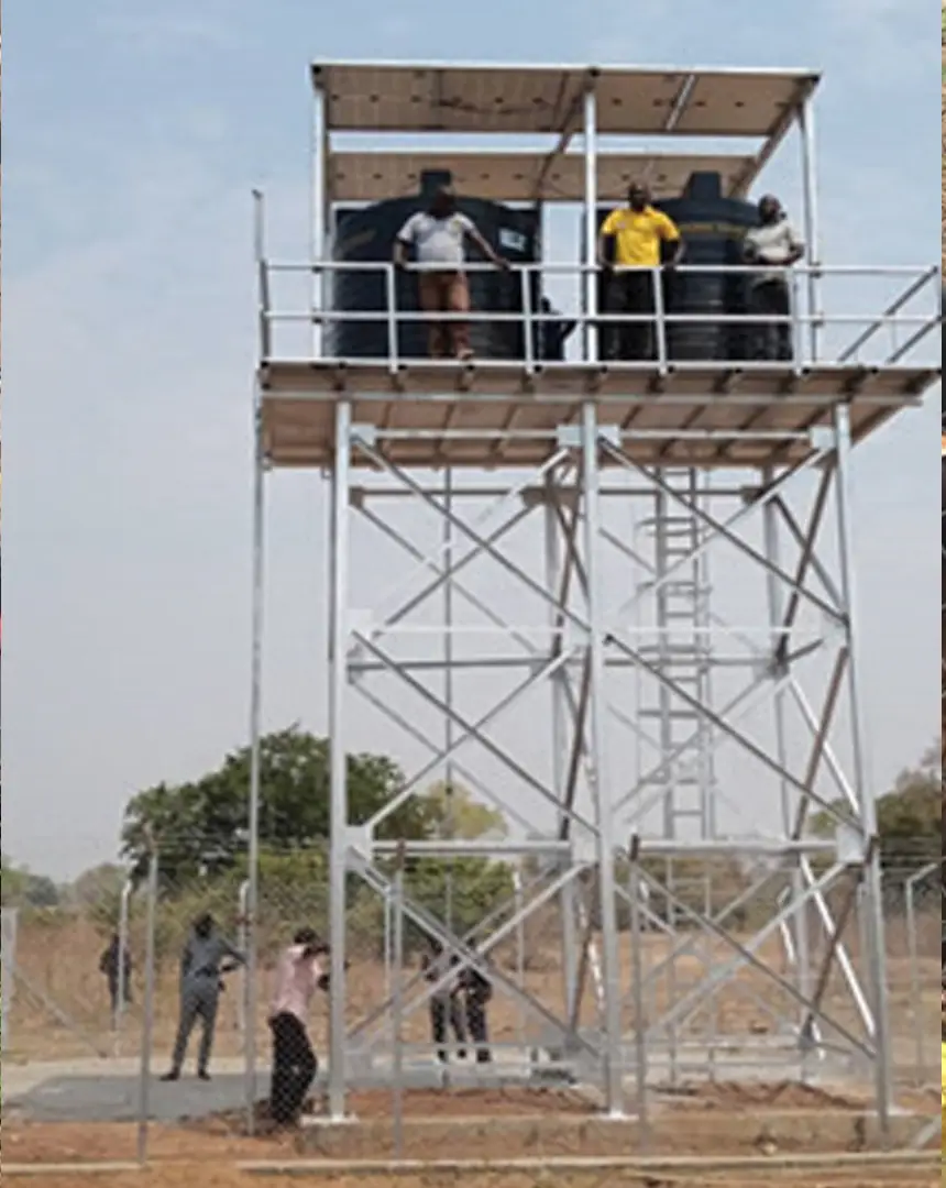 Elevated water-storage tower at the Abuyung solar water system