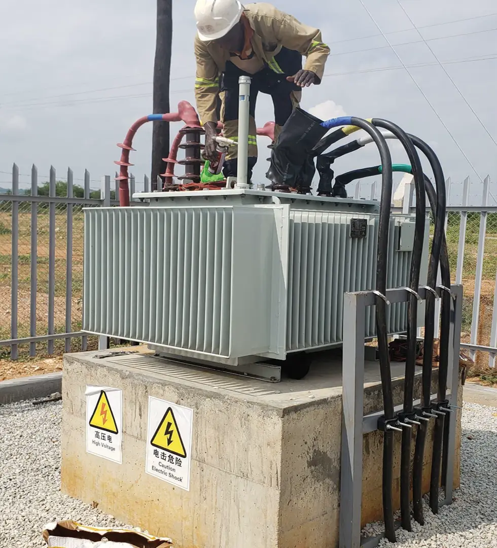 Completed transformer installation within a protected utility site